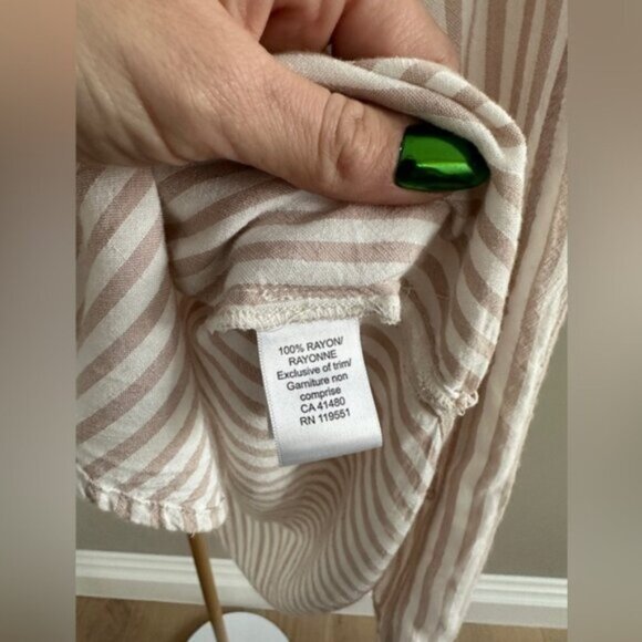 Gentle Fawn Beige White Striped Button Down Blouse 2XS XS Rayon Lightweight Casu - Picture 2 of 5